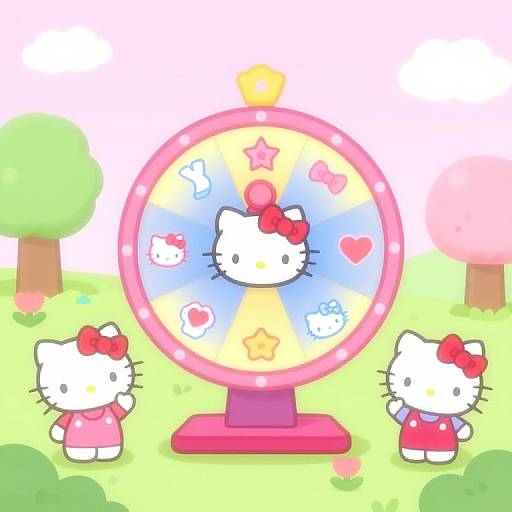 Cute digital illustration of three Hello Kitty characters standing around a colorful, spinning top toy in a bright, green park.