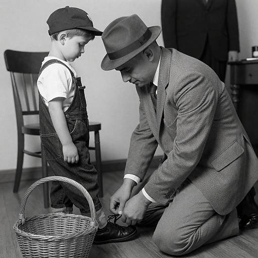 Fedora Man Adjusting Boy's Shoes