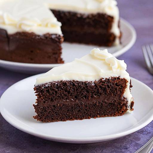 Photograph of a slice of rich, dark chocolate cake with thick white frosting on a white plate, with another cake slice in the background on a purple