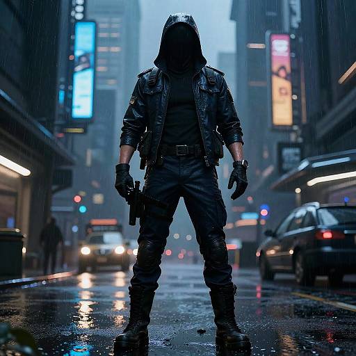 Cyberpunk city street at night, raining, a hooded figure in black leather jacket and pants stands menacingly, glowing neon signs in background.