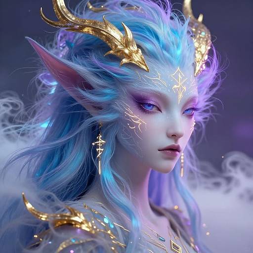 Digital artwork of a beautiful, ethereal elf with blue hair, glowing gold horned crown, and intricate jewelry, set against a misty background.