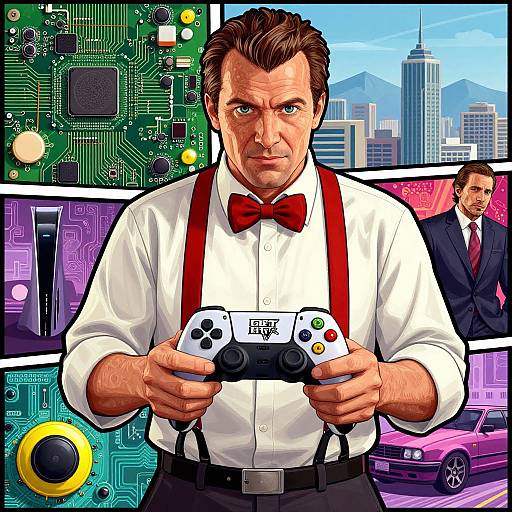 Digital art of a stern-faced, middle-aged man with brown hair, wearing a white shirt, red bowtie, and suspenders, holding dual game