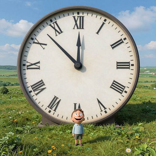 Cartoon child in blue shirt stands in front of giant outdoor clock in grassy field with flowers and blue sky.