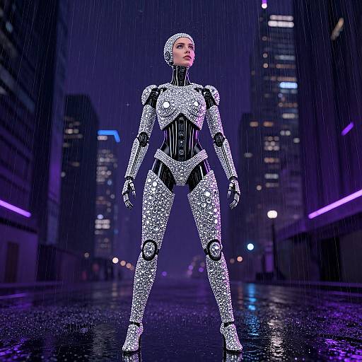 Cyborg Woman in Rainy Neon City