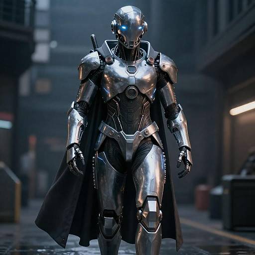 Futuristic Cyborg in Silver Armor with Cape