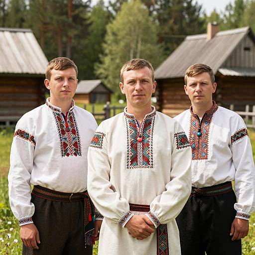 Photograph of three Caucasian men in traditional white embroidered shirts and black pants, standing in front of wooden houses in a forested area.
