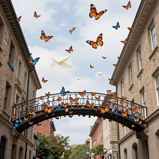 Photograph of a narrow urban alley with stone buildings, featuring a black wrought-iron arch adorned with orange and blue butterflies floating in the sky.