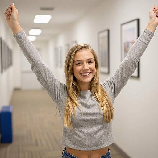 Excited Young Woman in Hallway