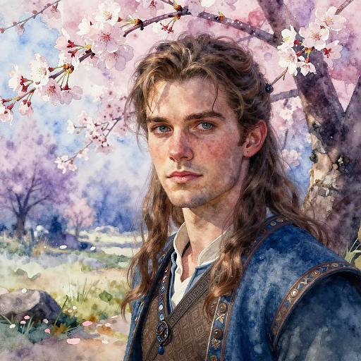 Digital painting of a young man with long brown hair, wearing a blue jacket and brown vest, standing under blooming cherry trees.