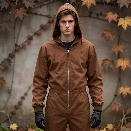 Young man in brown hooded jumpsuit outdoors