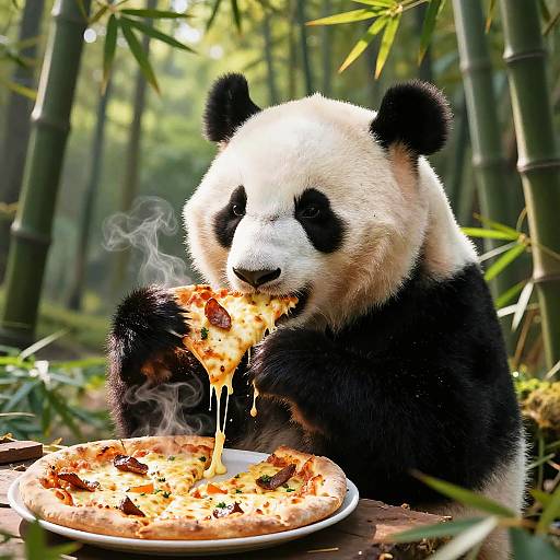 Panda Enjoying Pizza in Forest