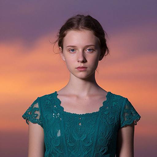 Photograph of a young woman with fair skin and brown hair, wearing a teal lace dress, against a sunset sky with orange and purple hues.