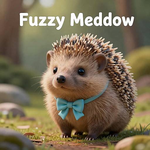 Photograph of a cute, fluffy hedgehog with a blue bow tie, standing in a sunlit forest, with 