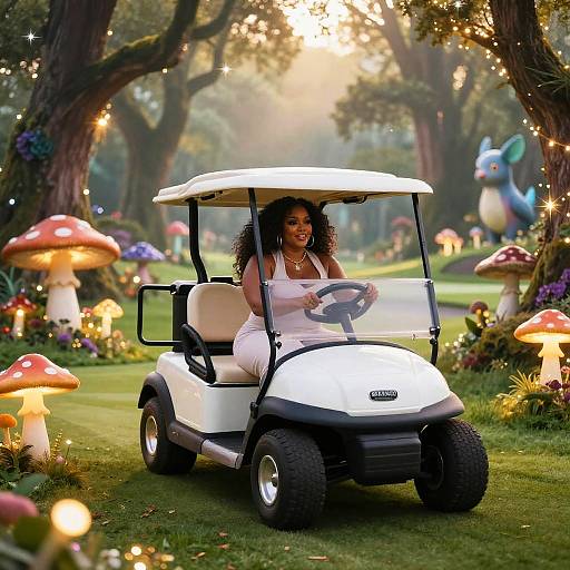 Photograph of a smiling woman with curly hair in a white outfit driving a golf cart through a whimsical, enchanted forest with glowing mushrooms and sunlight filtering