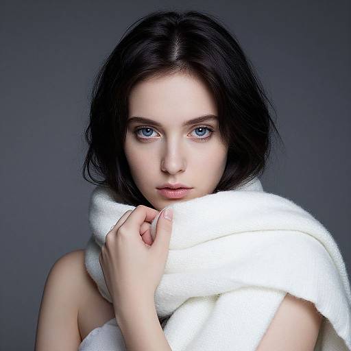 Photograph of a fair-skinned woman with black hair, blue eyes, and a white fur scarf, gazing directly at the camera against a dark