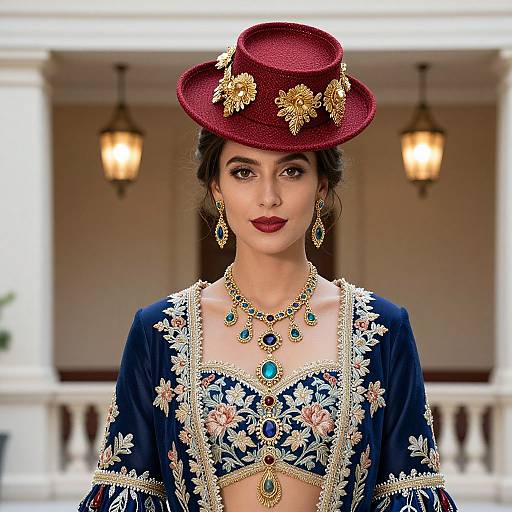 Photograph of a dark-haired woman wearing a detailed blue embroidered top, red velvet hat with gold embellishments, and turquoise jewelry, standing in a blurred