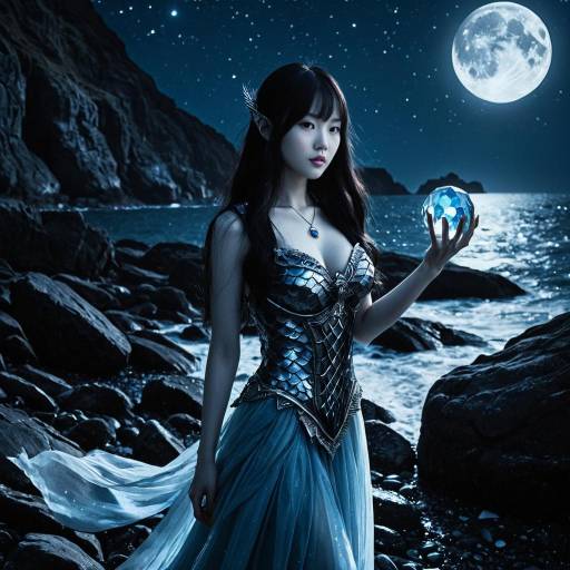 Ethereal Siren on Moonlit Rocky Shore