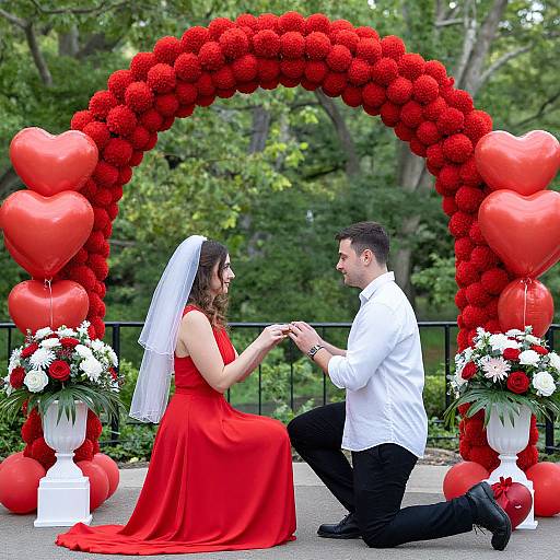 Photograph of a couple kneeling before a heart-themed red balloon arch, exchanging vows outdoors, with white flowers and greenery in the background.