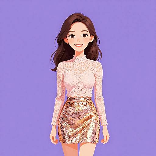 Digital anime-style drawing of a smiling woman with long brown hair, wearing a white speckled top and gold sequin skirt, against a solid purple