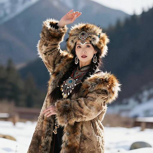 Photograph of an Asian woman in elaborate fur coat and headpiece, adorned with jewelry, waving in snowy mountain landscape.