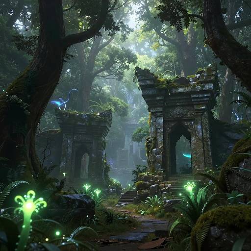 Mystical Bioluminescent Forest Ruins
