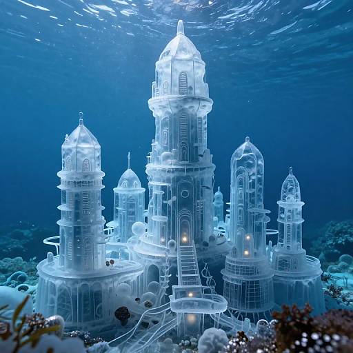 Photograph of an underwater, glowing, transparent cathedral with multiple domes and towers, illuminated by blue light, surrounded by coral and marine life.