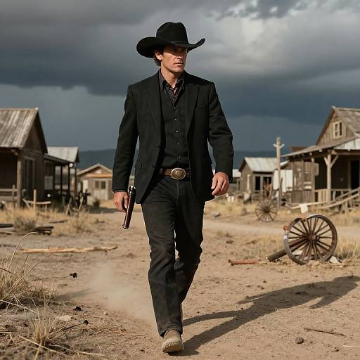 Photograph of a rugged, Caucasian man in a black cowboy outfit, wide-brimmed hat, and holding a pistol, walking through a dusty,