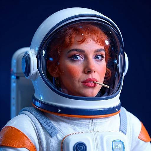 Photorealistic image of a red-haired woman in a white astronaut suit with orange accents, clear helmet, and pipe in mouth, against a dark background