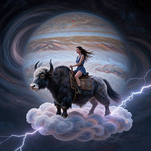 Digital artwork: Dark-haired woman in blue tank top and shorts rides a mystical yak on a cloud, surrounded by lightning and cosmic background.