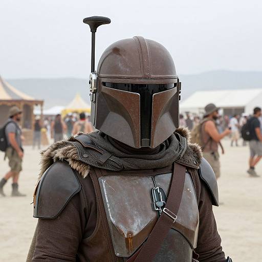 Photograph of a Mandalorian-style character in brown armor with a helmet, fur-trimmed cloak, and shoulder pauldrons, standing in a