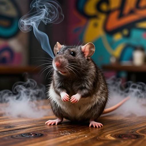 Photograph of a black and white rat with smoke circling its head, standing on a wooden surface, in a graffiti-decorated background.