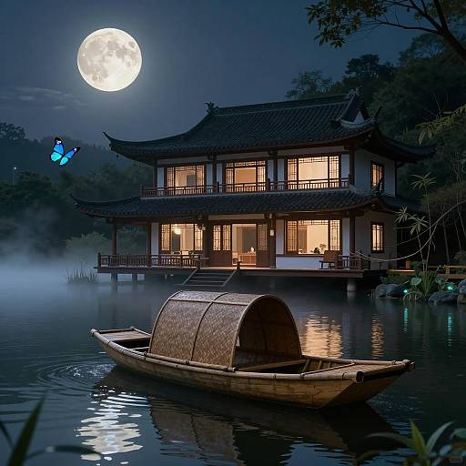 Moonlit Lake House with Bamboo Boat