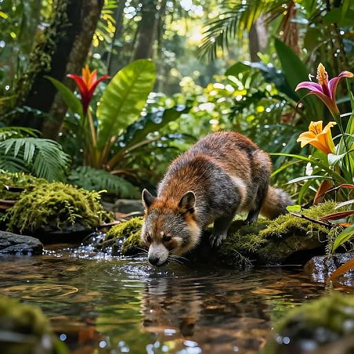 Photograph of a raccoon with brown and gray fur drinking from a lush, moss-covered forest stream, surrounded by vibrant tropical plants and colorful flowers.