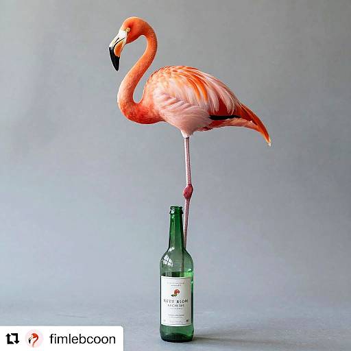 Photograph of a flamingo standing on a green wine bottle against a grey background, with the flintybecon logo in the bottom left.
