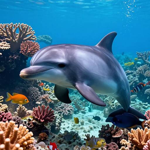Photograph of a sleek, gray bottlenose dolphin swimming gracefully through a vibrant, colorful coral reef with orange fish, various corals, and clear