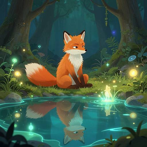 Digital illustration of a red fox with a white chest and tail tip, sitting by a luminous, glowing pond in a dark, enchanted forest, surrounded