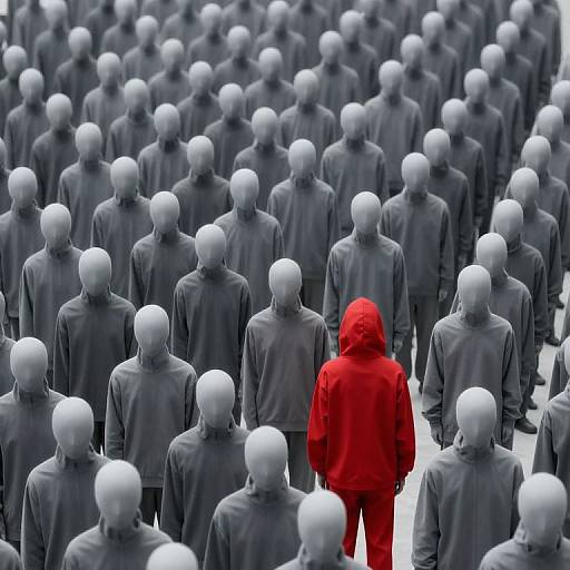 Photograph of a sea of gray, faceless humanoid figures in gray jackets, with one bright red, hooded figure standing out in the center.