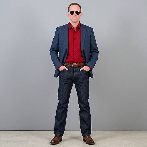 Photograph of a man with short brown hair, wearing a dark blue blazer, red shirt, dark jeans, brown belt, brown shoes, and