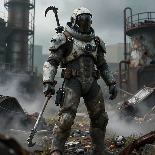 Photorealistic CGI of a heavily armored space soldier with a rifle, standing amid a smoky, ruined industrial landscape with rusted towers.