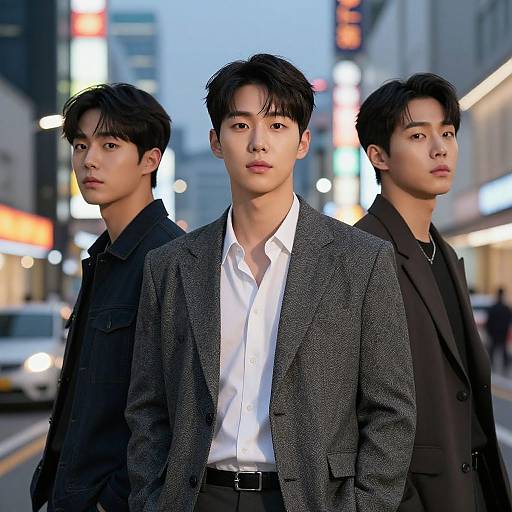 Photograph of three attractive East Asian men in a city street at twilight, wearing formal attire, standing close together against a brightly lit urban backdrop.