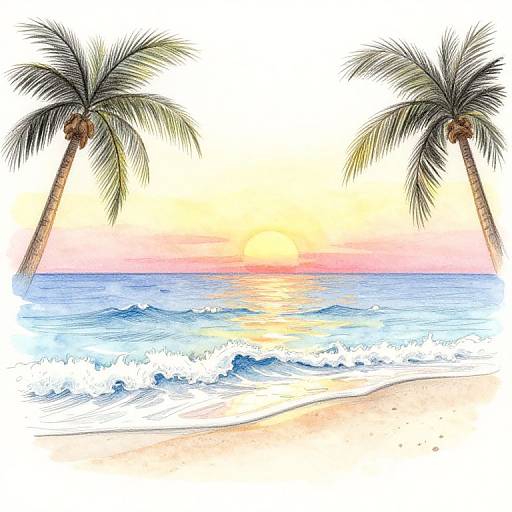 Serene Beach Sunset Watercolor Drawing