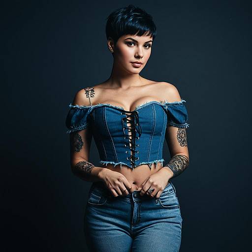 Woman in Off-Shoulder Denim Corset with Tattoos