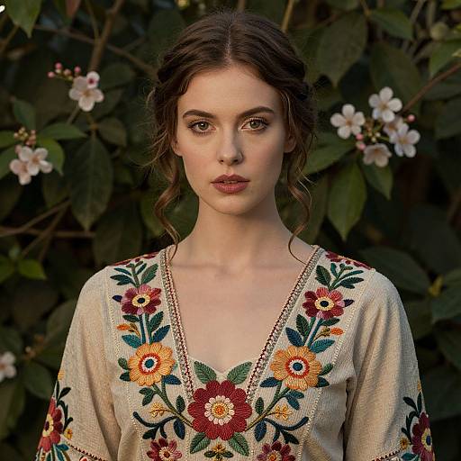 Photograph of a young white woman with fair skin, brown wavy hair, wearing a beige floral embroidered top, standing against a dark green leafy