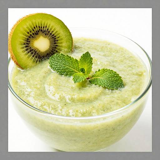 Photograph of a glass bowl filled with creamy, pale yellow kiwi smoothie topped with a fresh kiwi slice and green mint leaves on a white
