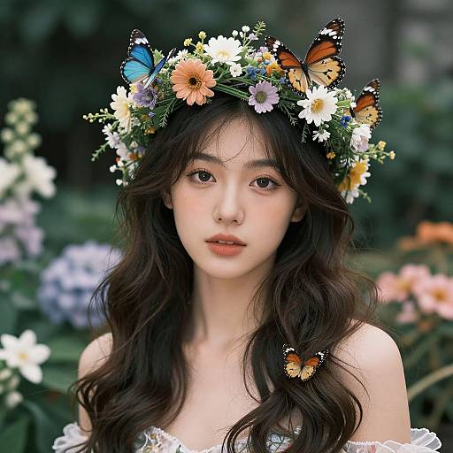 Photograph of an Asian woman with long, wavy brown hair, wearing a floral crown with butterflies, and an off-shoulder white lace top