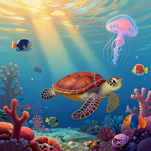 Colorful underwater scene: Sunlit turtle swims amidst vibrant coral, fish, and jellyfish, with beams of light filtering through the clear blue ocean.