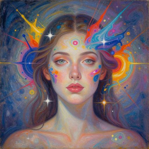 Digital painting of a serene, fair-skinned woman with colorful, abstract patterns on her face and crown, set against a swirling, starry background.