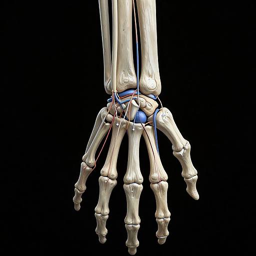 Digital illustration of a human foot skeleton showing bones, ligaments, and tendons against a black background. Highlighting anatomical structure.