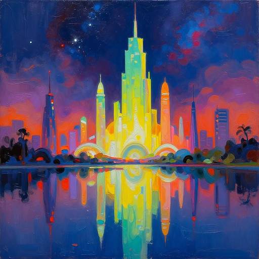 Vibrant digital painting of a neon-lit futuristic cityscape with a glowing skyscraper, colorful reflections in a calm lake, and a starry