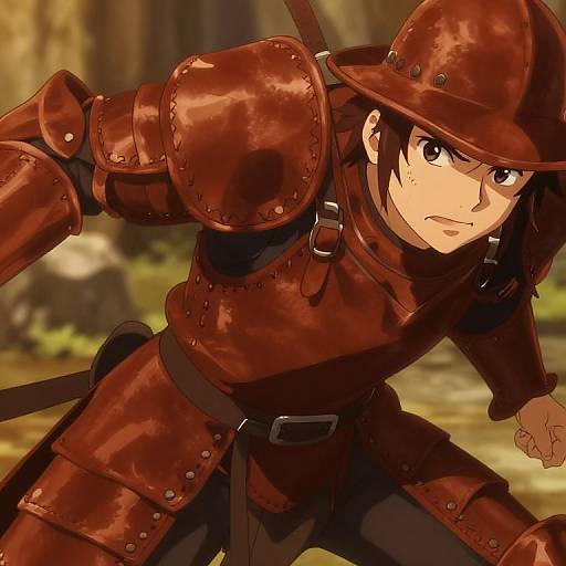 Anime-style digital drawing of a determined young man in dark brown, leather medieval armor, crouching in a forest with a serious expression.